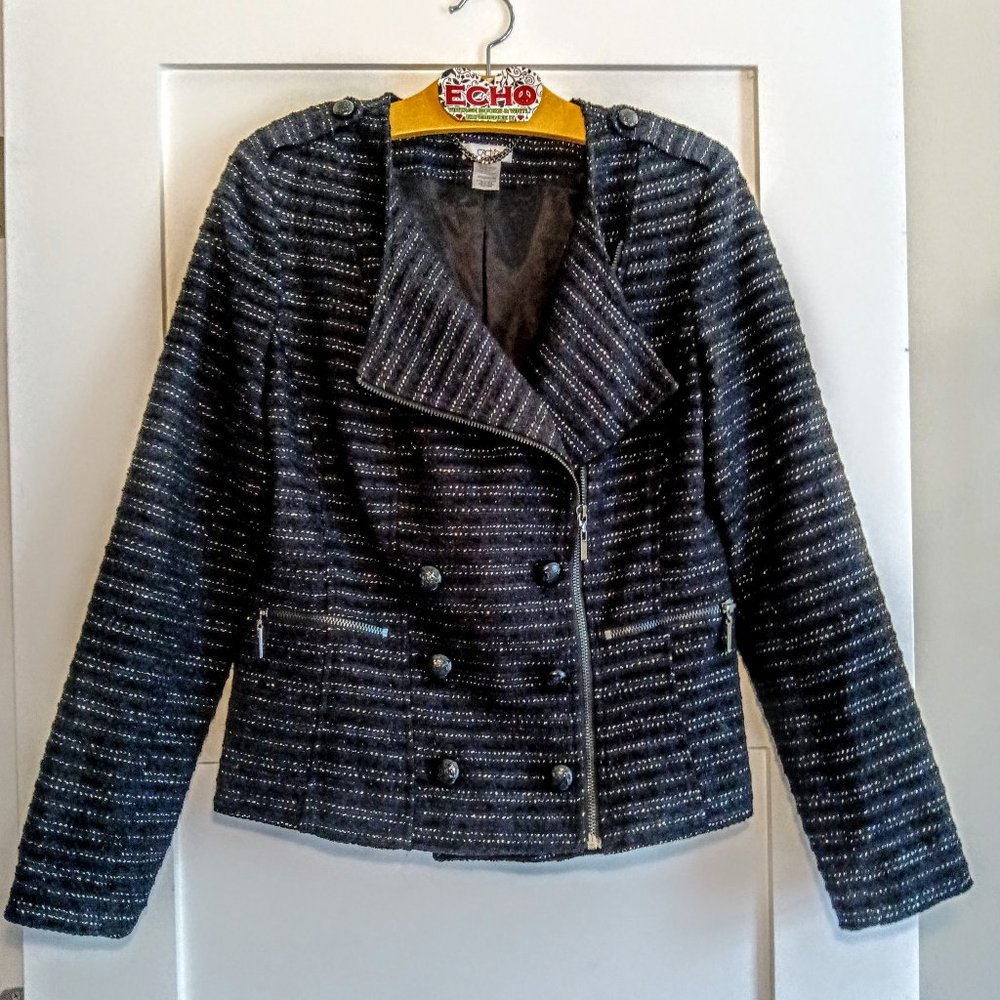 Cache Black Silver Tweed Woven Side Zip Front Jacket